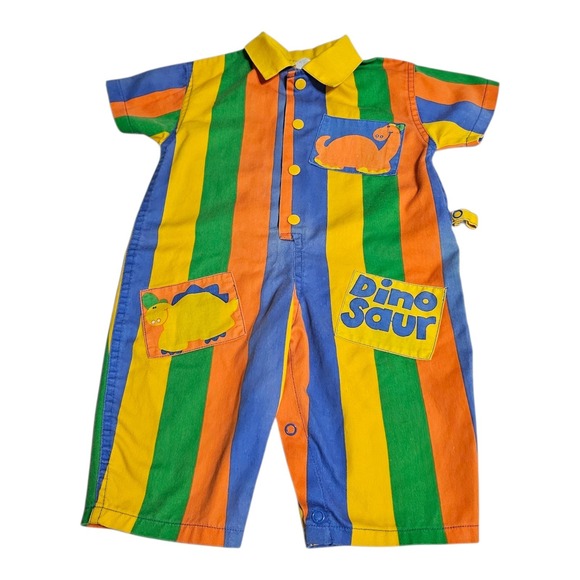 VTG Hopscotch Baby Jumpsuit 6-9 Mos Vertical Stripe Dinosaur Colorful 90s Snap - Picture 1 of 10